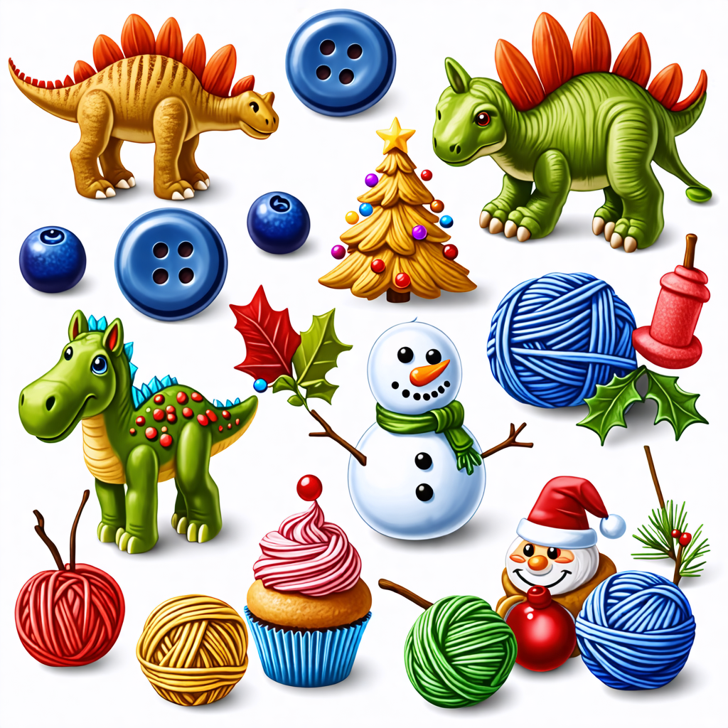 mule, yarn, cupcake, blueberry, button, olive, dinosaur, christmas tree, snowman, flower